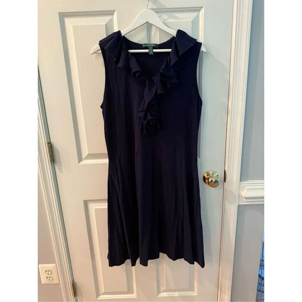 Lauren Ralph Lauren Navy Jersey Ruffle Front Sleeveless Dress sz 1X EUC
